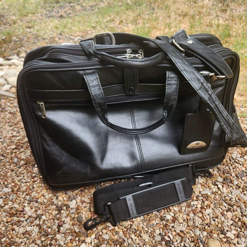 Samsonite Leather Expandable Laptop Messenger Briefcase Bag Black 15.4โ Screen